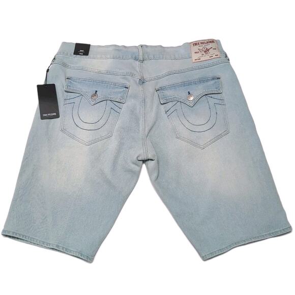 True Religion Rocco Denim Shorts Mens Size 38 Flap Light Wash Jean Jorts NEW NWT - Picture 1 of 15